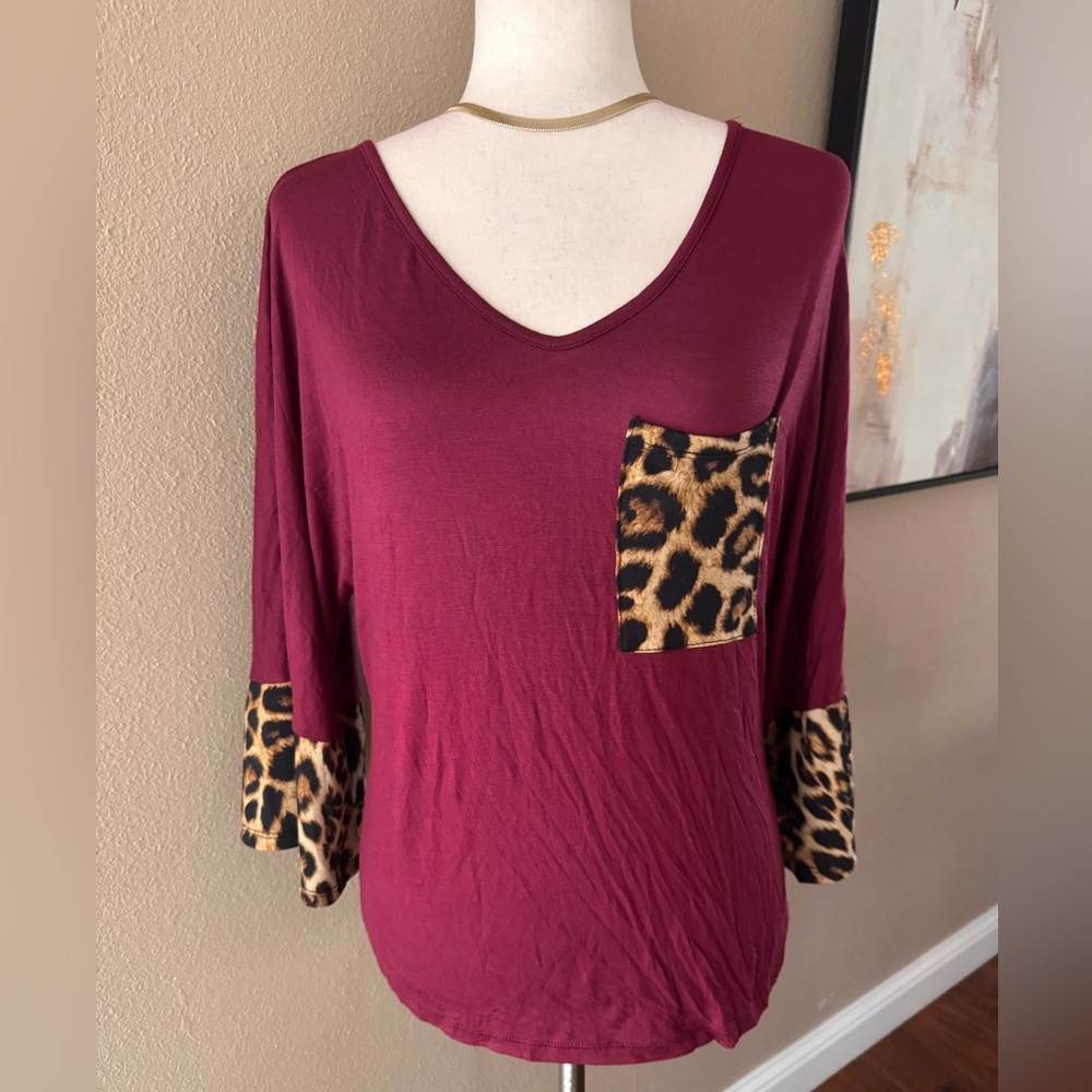Elegant Burgundy Top with Leopard Print Accents - Picture 3 of 5